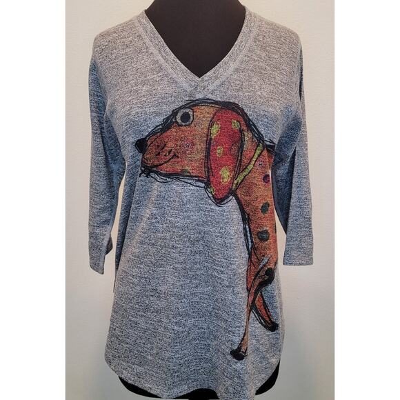 Inoah “Clifford” Graphic A-Line V-Neck Top L Red Dog Print 3/4 Sleeve USA Made - Picture 1 of 8